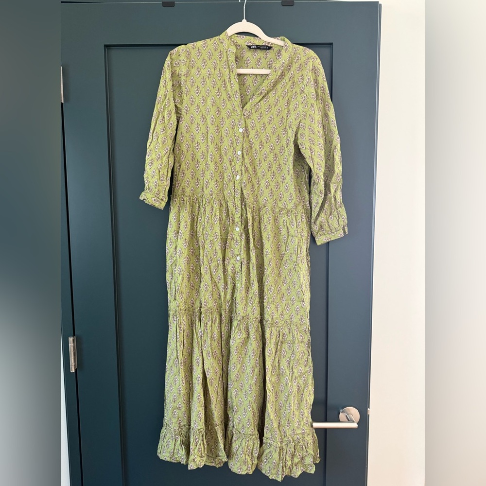 ZARA Dress Long Kaftan Panelled Printed Oversize Midi S Green Ecru Summer